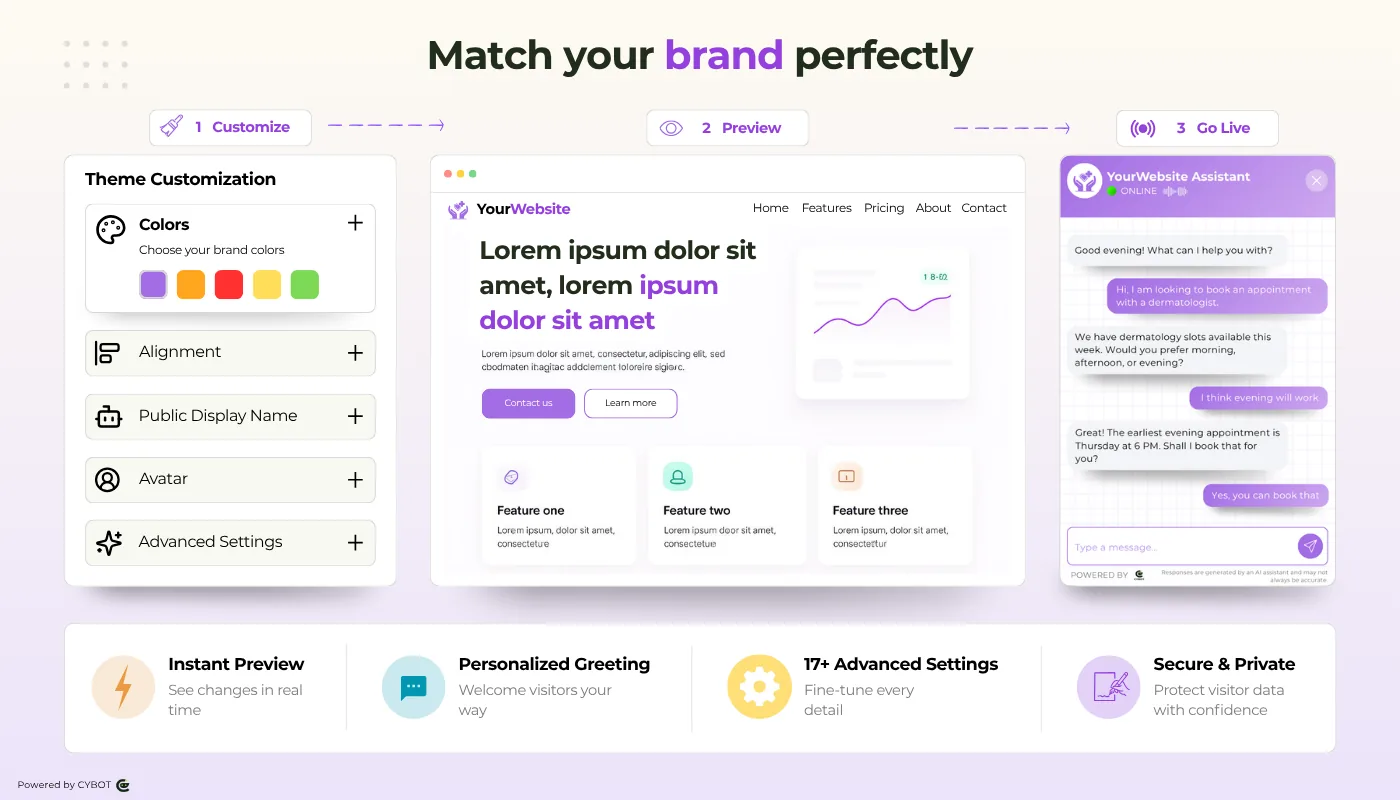 Customizing CYBOT chatbot branding, colors, and widget settings